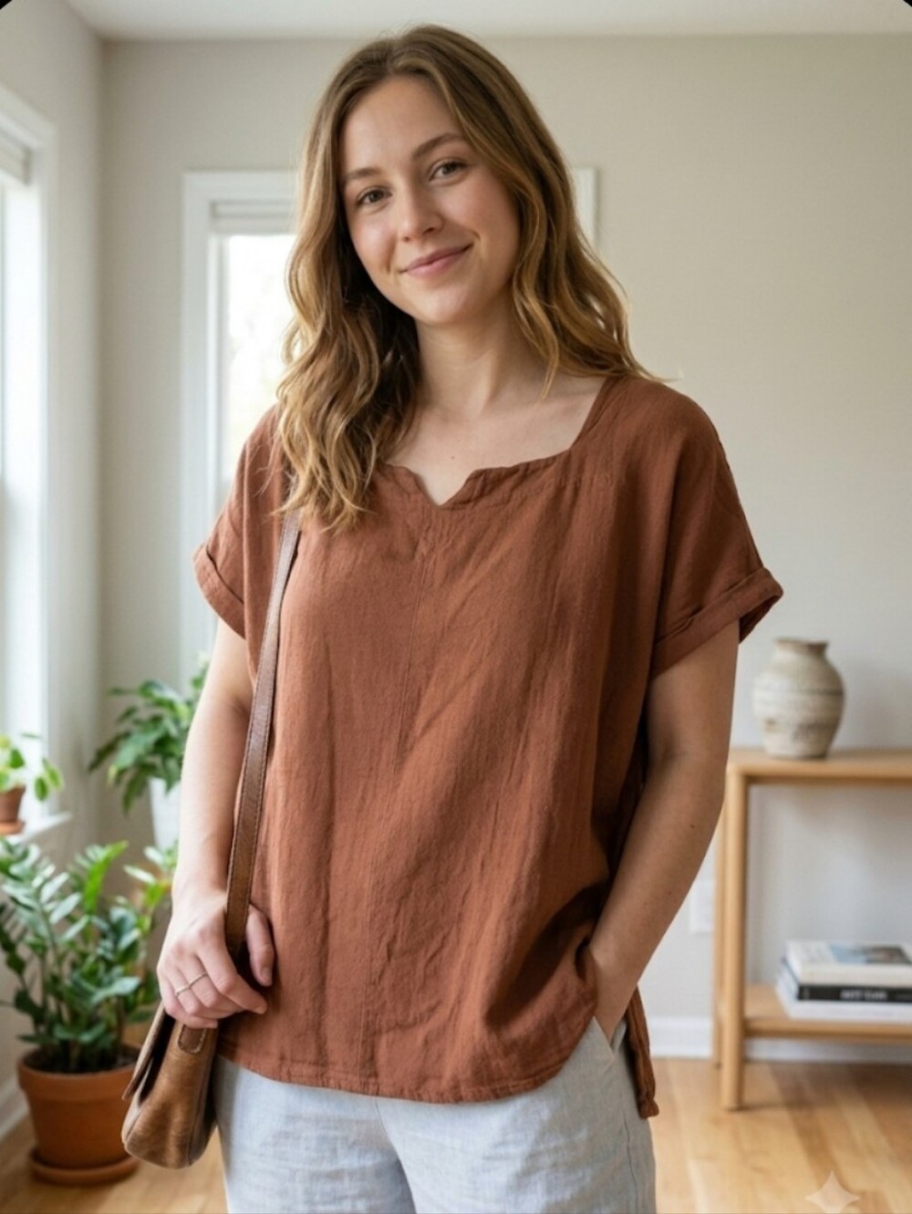 Oh My Gauze Lagenlook Rust Brown Cotton Gauze Short Sleeve Split Hem Top Sz 3